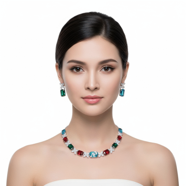 Multi Colour Silver Plated Necklace With Earrings