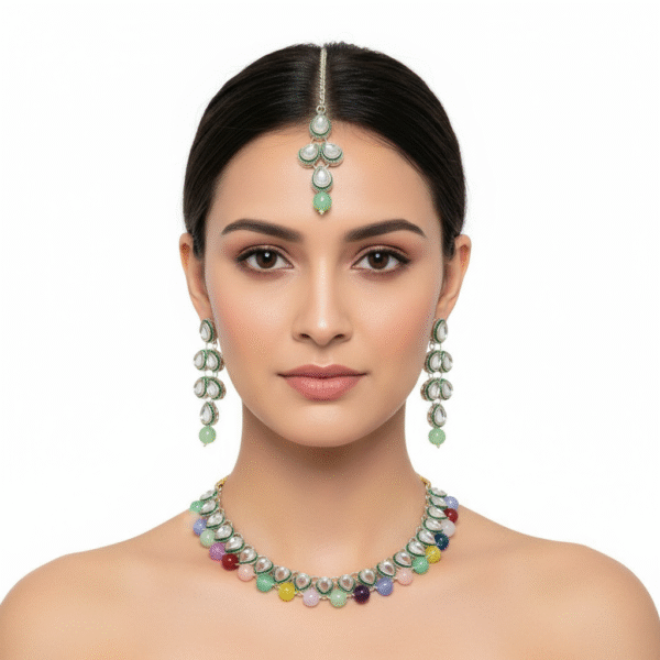 Multi Color Kundan Necklace With Earrings & Mangtika - Yellow