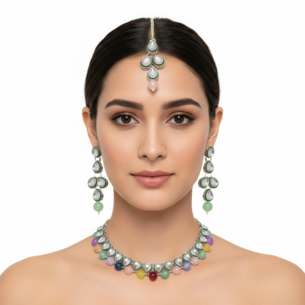 Multi Color Kundan Necklace With Earrings & Mangtika