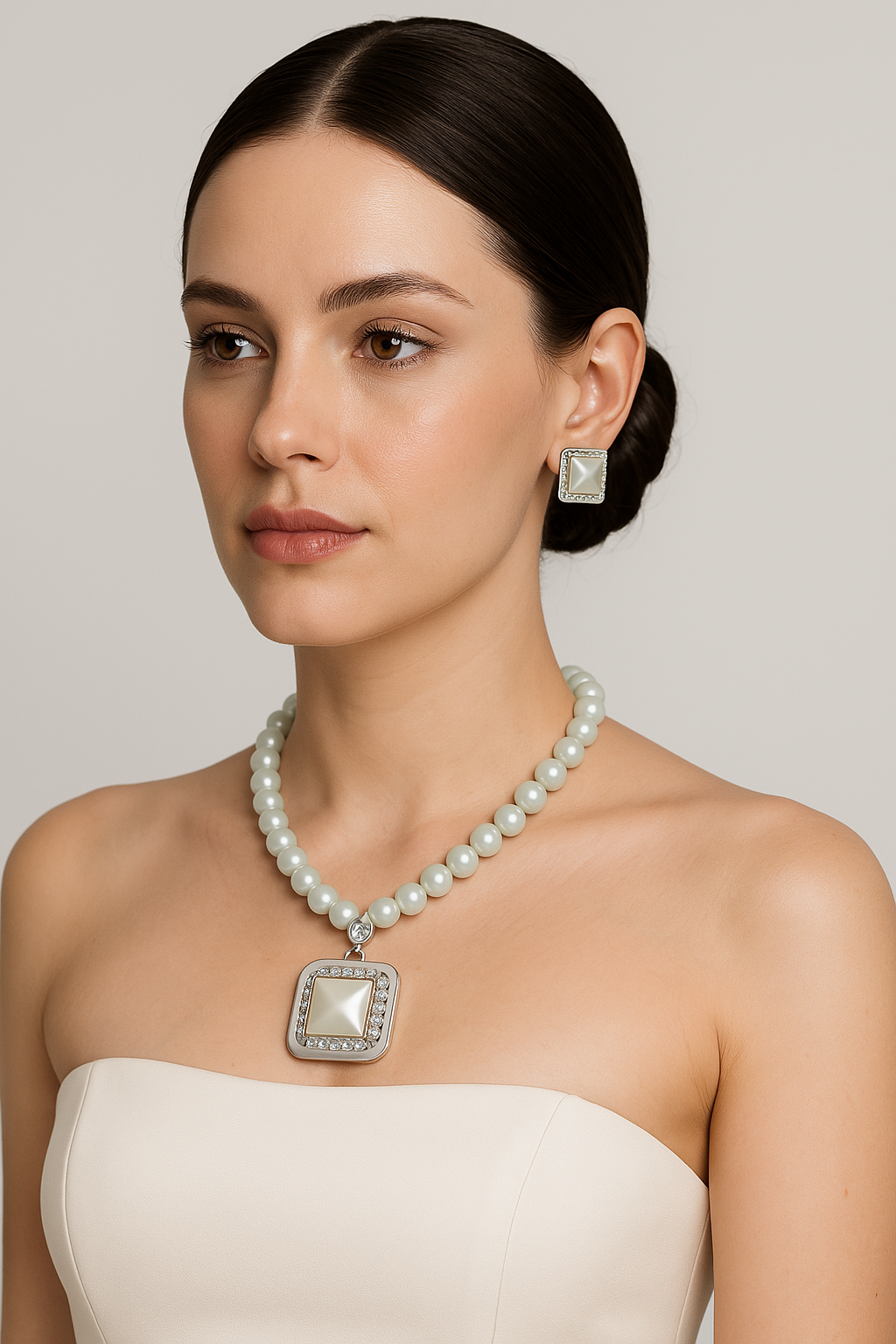 Exquisite Pearl Necklace Features A Stunning Square Pendant Embedded With Shimmering Zircon Stone