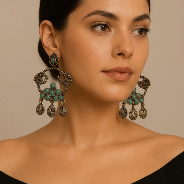 Silver Toned Multicolor Handcrafted Brass Earrings - Sea Green