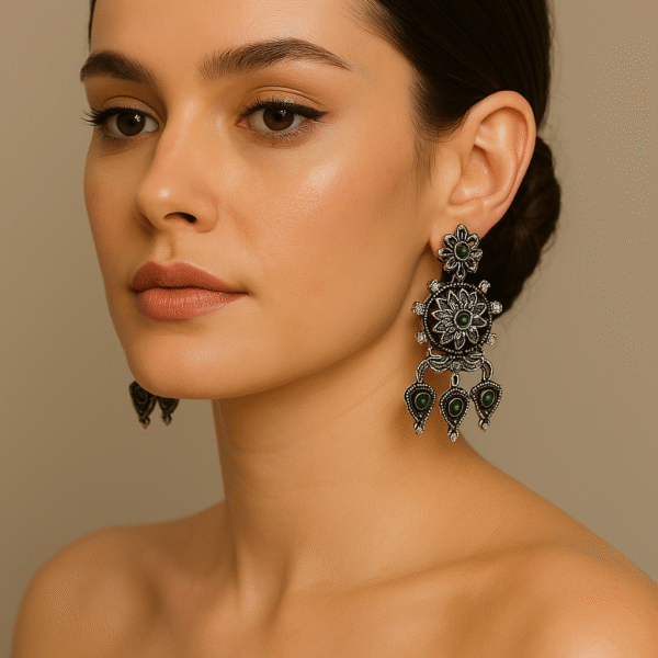 Silver-Plated Dome Shaped Jhumki - Green