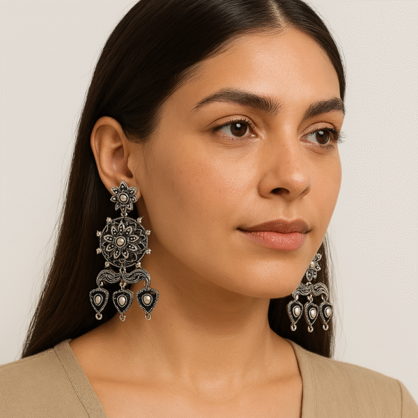 Silver-Plated Dome Shaped Jhumki - Peach