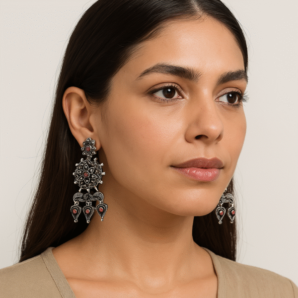 Silver-Plated Dome Shaped Jhumki - Pink