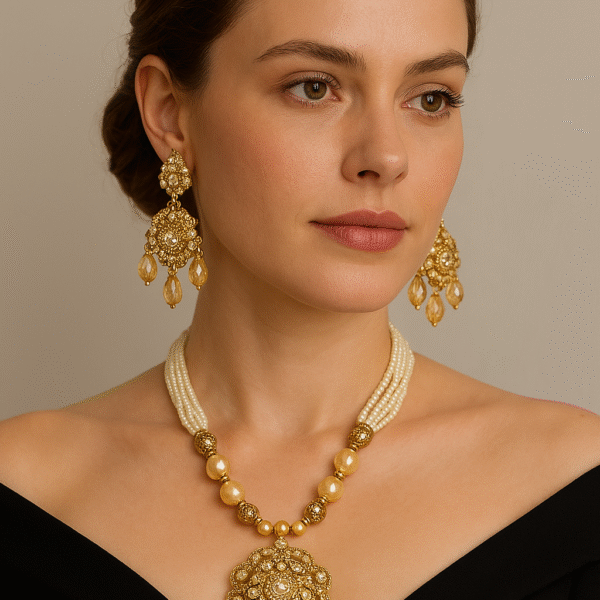 Traditional Pearl & Kundan Rani Haar With Earrings - Round