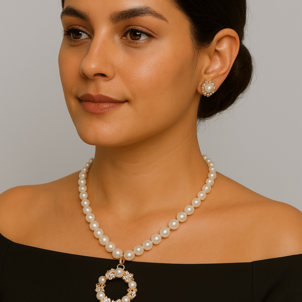 Exquisite Pearl Necklace Features A Stunning Pendant Embedded With Shimmering Zircon Stone