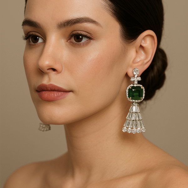 Silver Plated American Diamond Earrings With Zircon Stone - Green