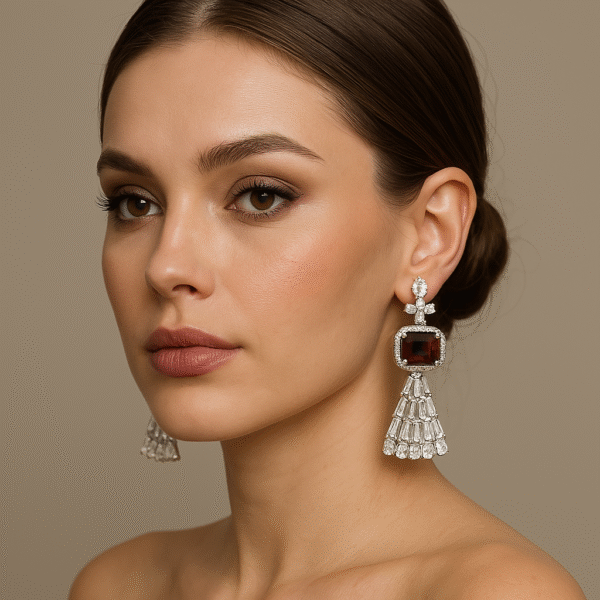 Silver Plated American Diamond Earrings With Zircon Stone - Maroon