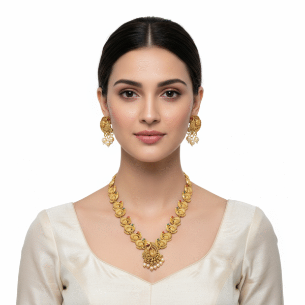 Gold Plated Traditional Peacock Design Polki Necklace & Earrings Set